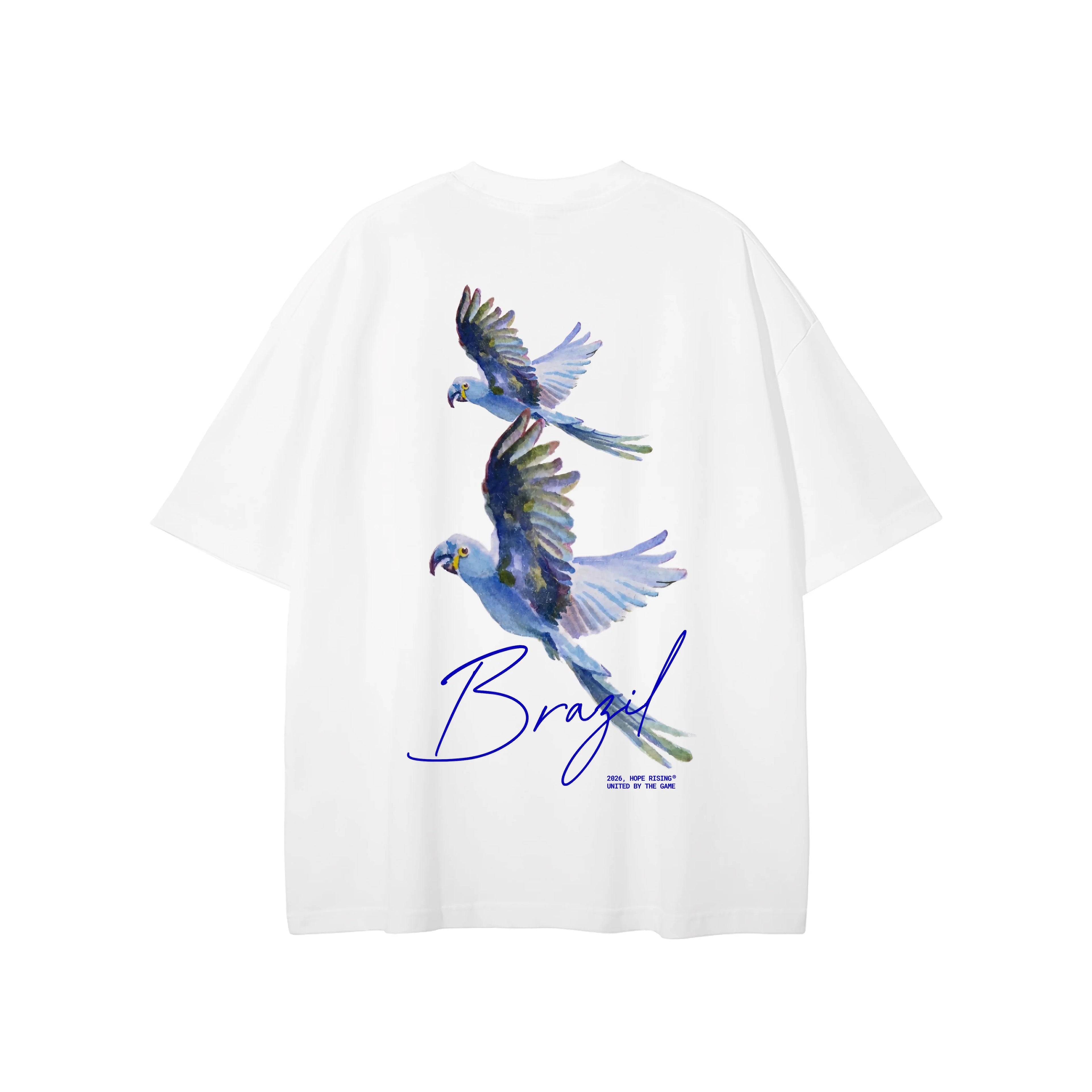White t-shirt with blue parrot design and 'Brazil' text on a white background
