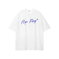 White t-shirt with blue 'Hope Rising' text on a white background
