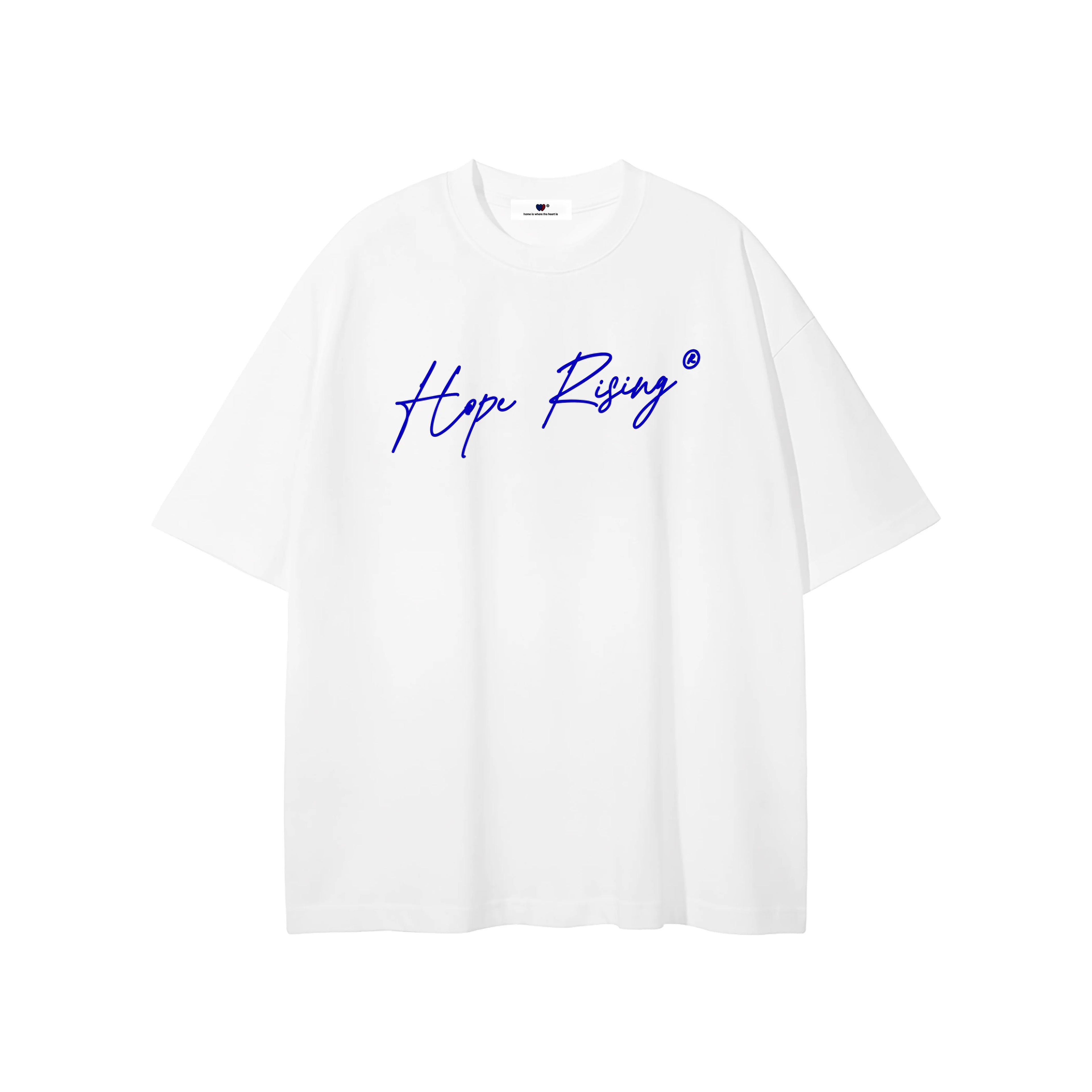 White t-shirt with blue 'Hope Rising' text on a white background