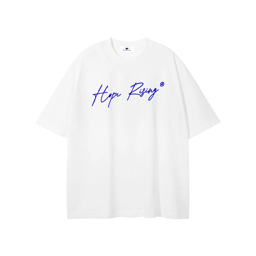 White t-shirt with blue 'Hope Rising' text on a white background